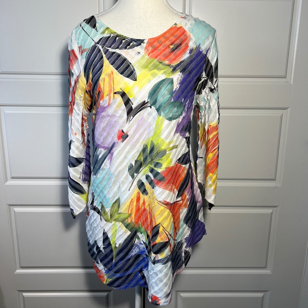 Jess & Jane Abstract Floral Print Pleated Long Sleeve Tunic Top Women's Size S